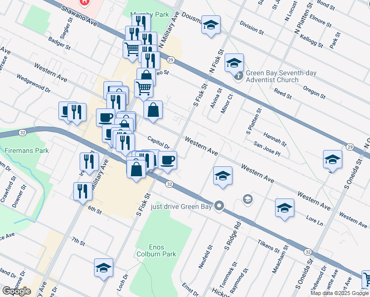 map of restaurants, bars, coffee shops, grocery stores, and more near 401 South Fisk Street in Green Bay
