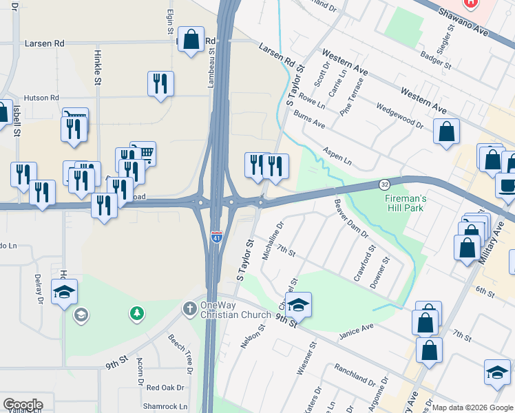 map of restaurants, bars, coffee shops, grocery stores, and more near 1940-1978 Hwy 54 in Green Bay
