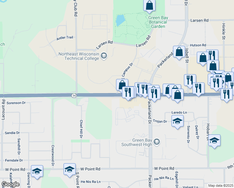 map of restaurants, bars, coffee shops, grocery stores, and more near 2688 West Mason Street in Green Bay