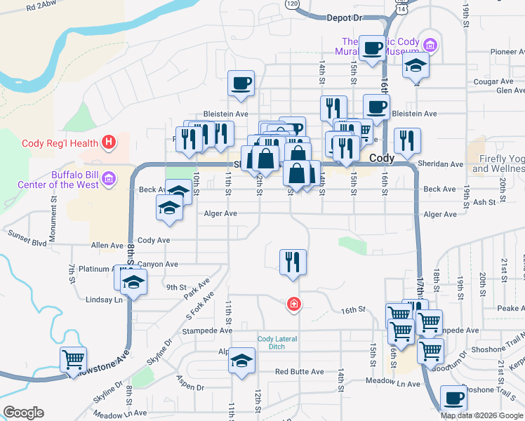 map of restaurants, bars, coffee shops, grocery stores, and more near 1202 Beck Avenue in Cody