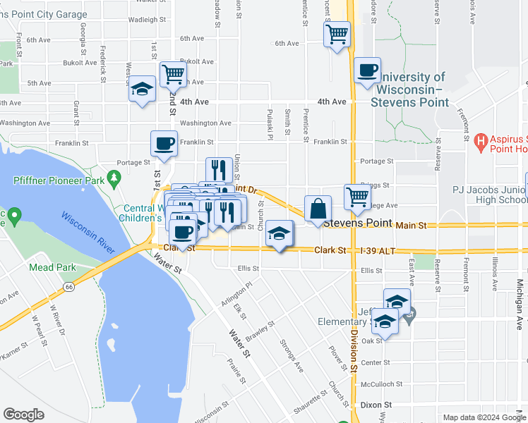 map of restaurants, bars, coffee shops, grocery stores, and more near 1317 College Court in Stevens Point