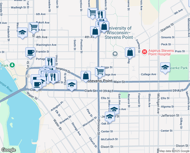 map of restaurants, bars, coffee shops, grocery stores, and more near 1618 College Avenue in Stevens Point
