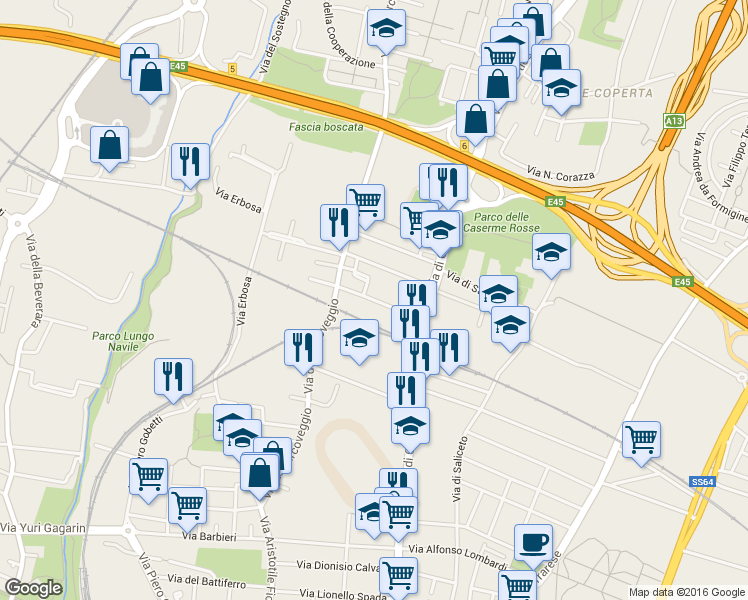 map of restaurants, bars, coffee shops, grocery stores, and more near 45 Via Francesca Edera de Giovanni in Bologna
