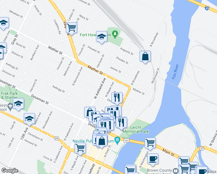 map of restaurants, bars, coffee shops, grocery stores, and more near 602 Bond Street in Green Bay