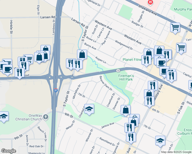 map of restaurants, bars, coffee shops, grocery stores, and more near 1807 West Mason Street in Green Bay