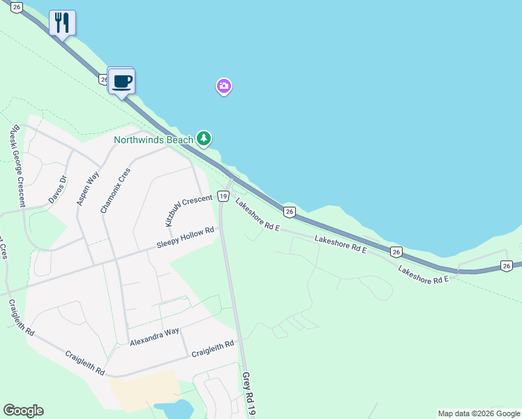 map of restaurants, bars, coffee shops, grocery stores, and more near 129 Lakeshore Road East in Grey County