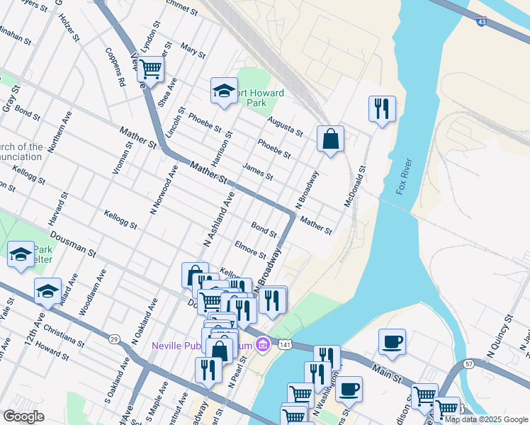 map of restaurants, bars, coffee shops, grocery stores, and more near 509 Mather Street in Green Bay
