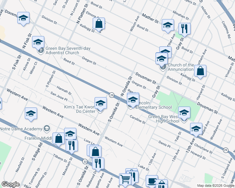 map of restaurants, bars, coffee shops, grocery stores, and more near 1172 1/2 Shawano Avenue in Green Bay