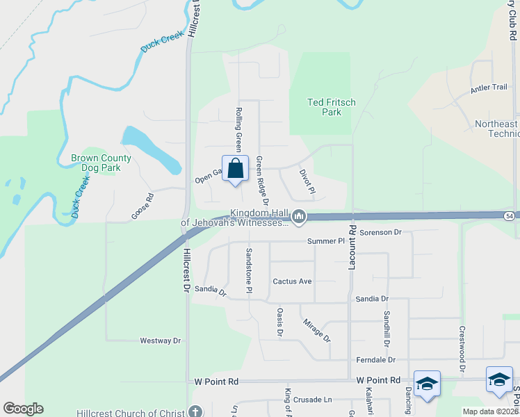 map of restaurants, bars, coffee shops, grocery stores, and more near 1024 Green Ridge Drive in Green Bay