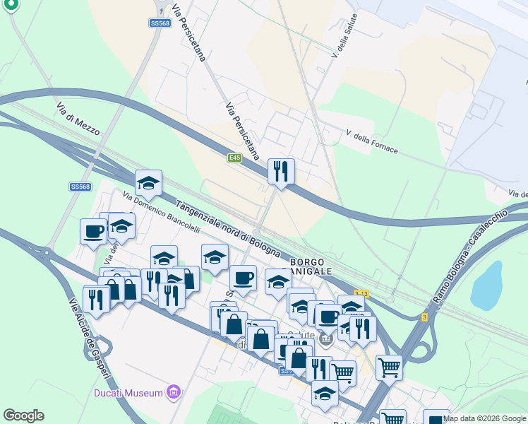 map of restaurants, bars, coffee shops, grocery stores, and more near 6 Via della Salute in Bologna
