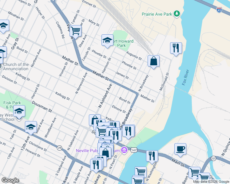 map of restaurants, bars, coffee shops, grocery stores, and more near 612 Bond Street in Green Bay