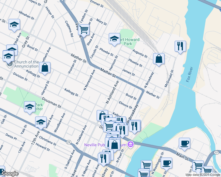 map of restaurants, bars, coffee shops, grocery stores, and more near 707 Bond Street in Green Bay