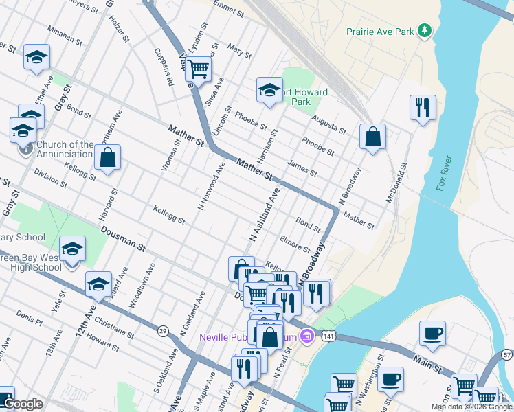 map of restaurants, bars, coffee shops, grocery stores, and more near 711 Bond Street in Green Bay