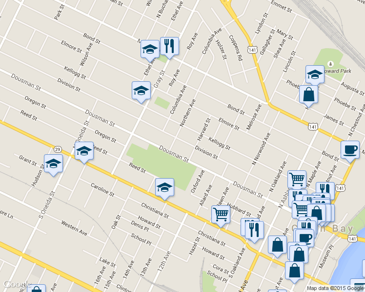 map of restaurants, bars, coffee shops, grocery stores, and more near 979 Division St in Green Bay