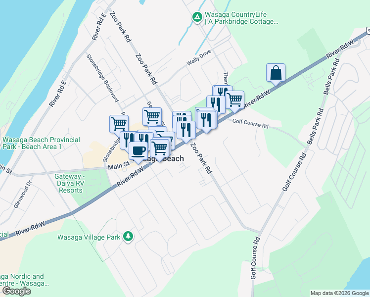 map of restaurants, bars, coffee shops, grocery stores, and more near 673 River Road West in Wasaga Beach