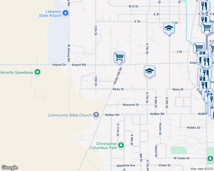 map of restaurants, bars, coffee shops, grocery stores, and more near 1041 Kees Street in Lebanon