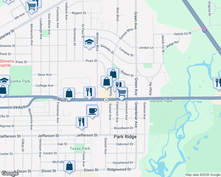 map of restaurants, bars, coffee shops, grocery stores, and more near 77 Sunset Boulevard in Stevens Point