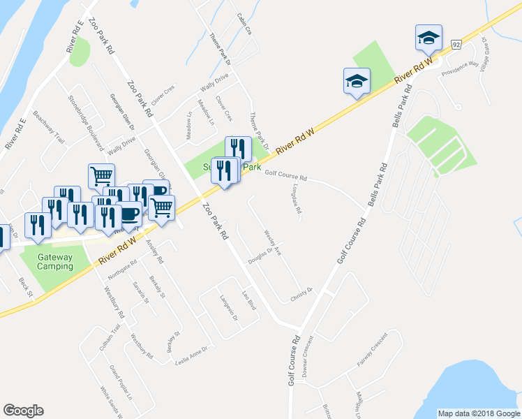 map of restaurants, bars, coffee shops, grocery stores, and more near 37 Wesley Avenue in Wasaga Beach