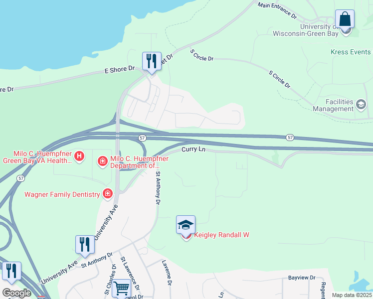 map of restaurants, bars, coffee shops, grocery stores, and more near 2901-3299 Curry Ln in Green Bay