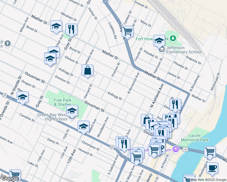 map of restaurants, bars, coffee shops, grocery stores, and more near 898 Kellogg Street in Green Bay