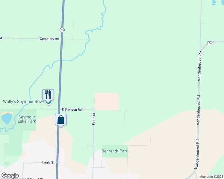 map of restaurants, bars, coffee shops, grocery stores, and more near 607 East Bronson Road in Seymour