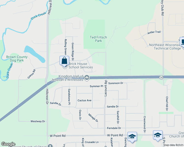 map of restaurants, bars, coffee shops, grocery stores, and more near 3051 Wedge Court in Green Bay