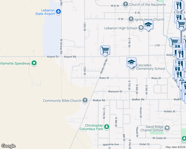 map of restaurants, bars, coffee shops, grocery stores, and more near 1041 Kees Street in Lebanon