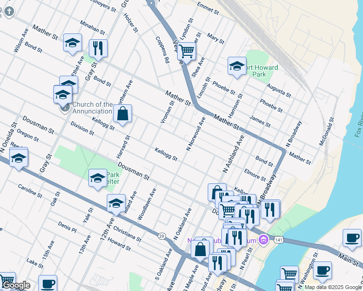 map of restaurants, bars, coffee shops, grocery stores, and more near 859 Elmore Street in Green Bay