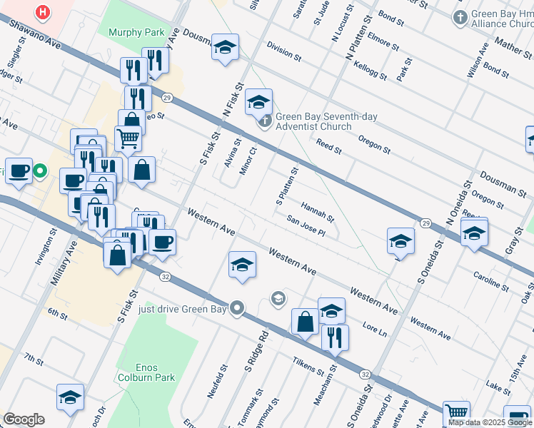 map of restaurants, bars, coffee shops, grocery stores, and more near 228 South Platten Street in Green Bay