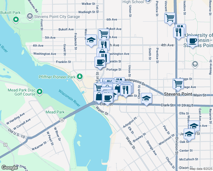 map of restaurants, bars, coffee shops, grocery stores, and more near 1001 Center Point Drive in Stevens Point