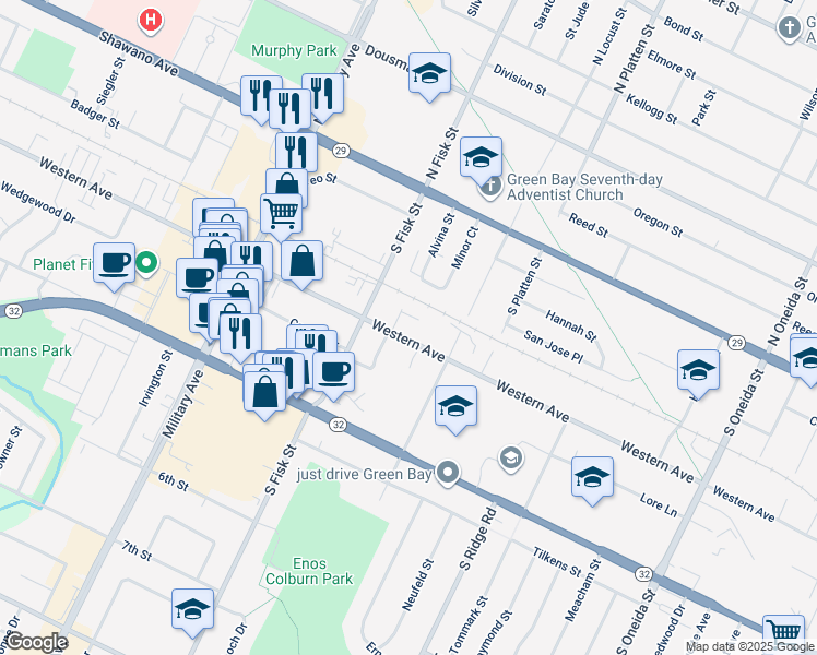 map of restaurants, bars, coffee shops, grocery stores, and more near 1432 Western Avenue in Green Bay