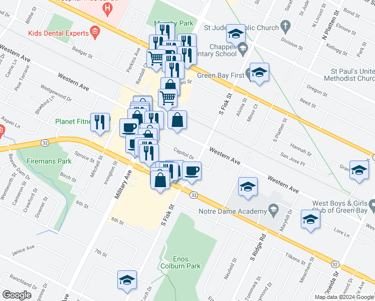 map of restaurants, bars, coffee shops, grocery stores, and more near 1484 Capitol Drive in Green Bay