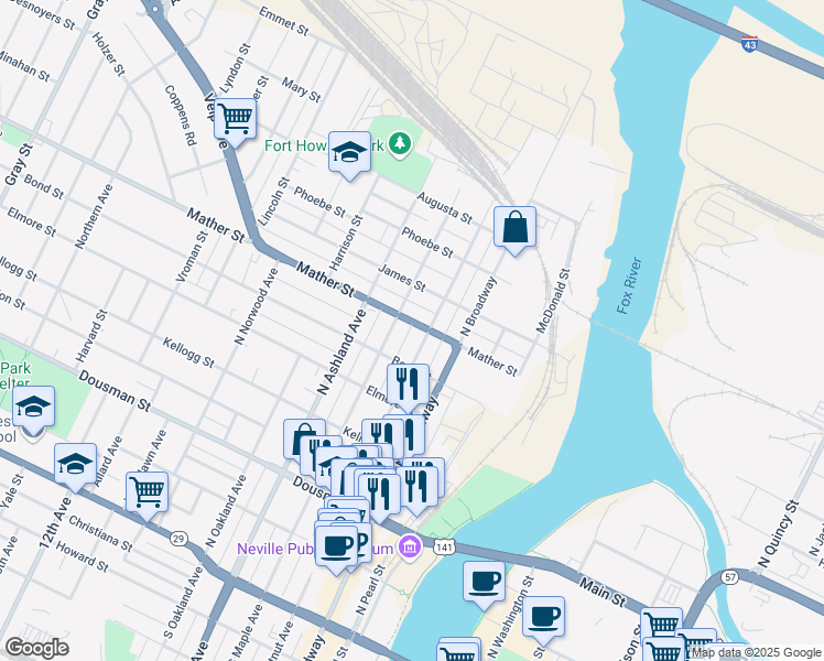 map of restaurants, bars, coffee shops, grocery stores, and more near 509 Mather Street in Green Bay