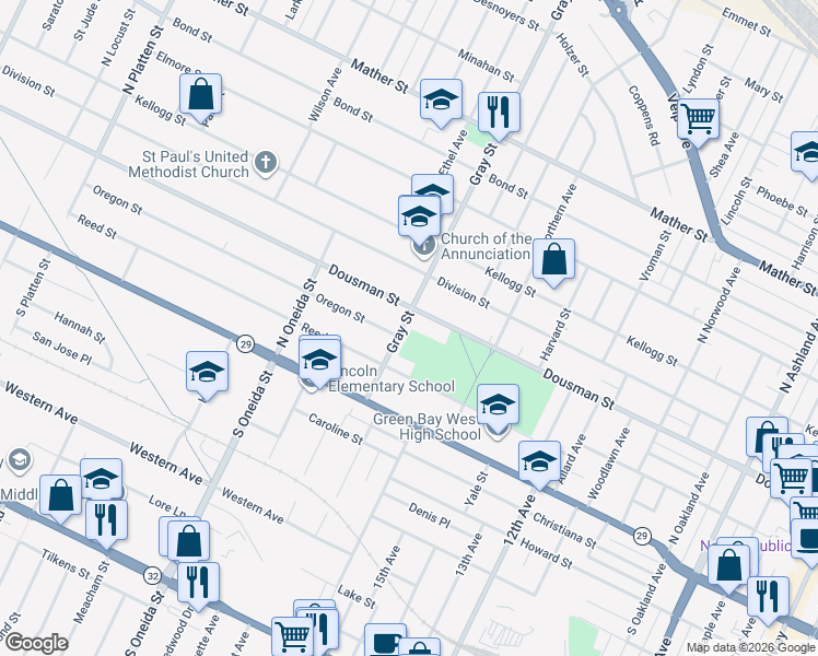 map of restaurants, bars, coffee shops, grocery stores, and more near 240 Gray St in Green Bay