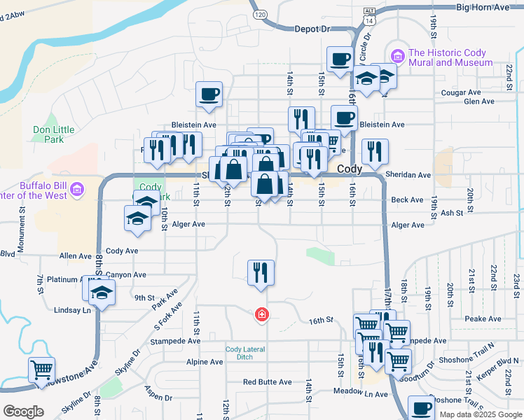 map of restaurants, bars, coffee shops, grocery stores, and more near 1220 13th Street in Cody