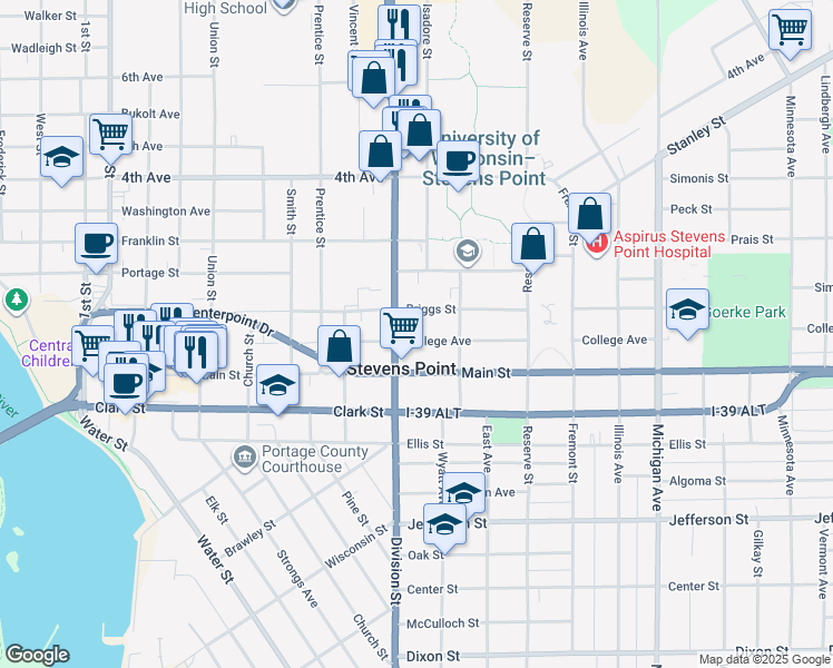 map of restaurants, bars, coffee shops, grocery stores, and more near 1726 College Avenue in Stevens Point