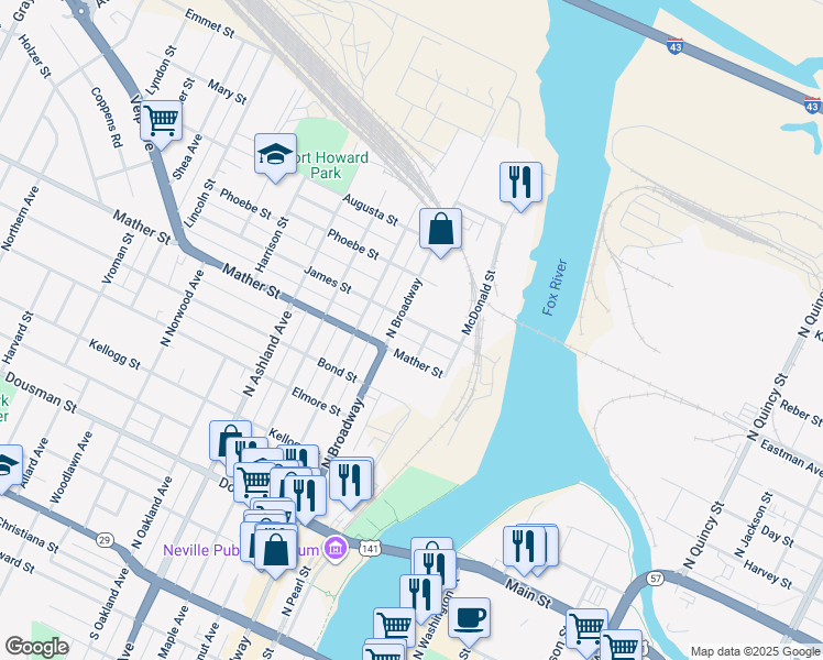 map of restaurants, bars, coffee shops, grocery stores, and more near 309 James Street in Green Bay