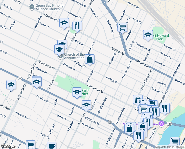 map of restaurants, bars, coffee shops, grocery stores, and more near 336 Harvard Street in Green Bay