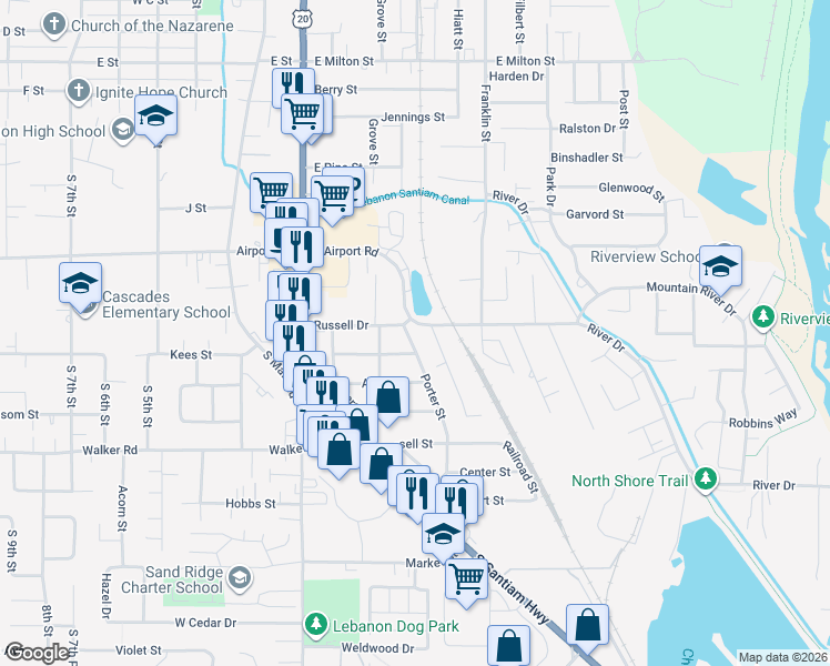 map of restaurants, bars, coffee shops, grocery stores, and more near 310 Russell Drive in Lebanon