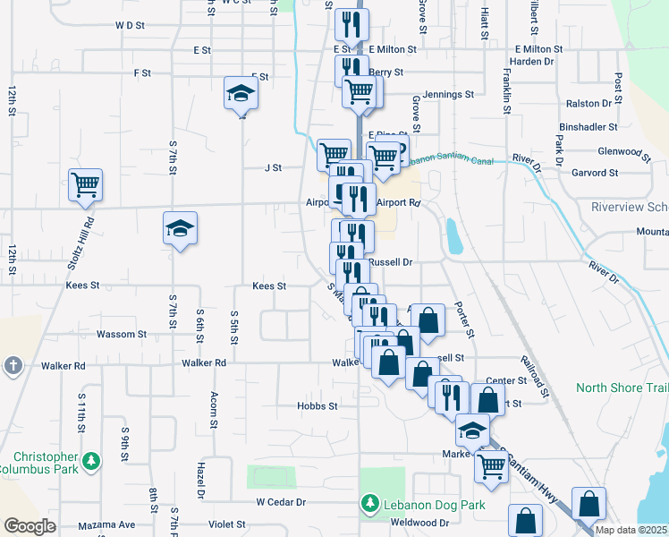 map of restaurants, bars, coffee shops, grocery stores, and more near 2175 South Main Road in Lebanon