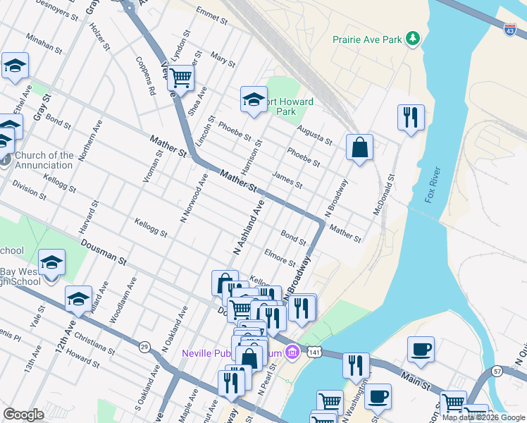 map of restaurants, bars, coffee shops, grocery stores, and more near 612 Bond Street in Green Bay
