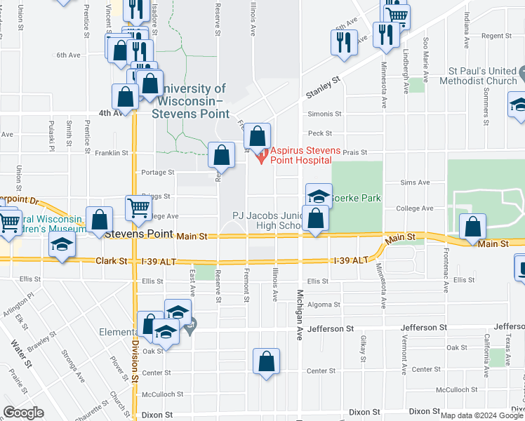 map of restaurants, bars, coffee shops, grocery stores, and more near 2258 College Avenue in Stevens Point