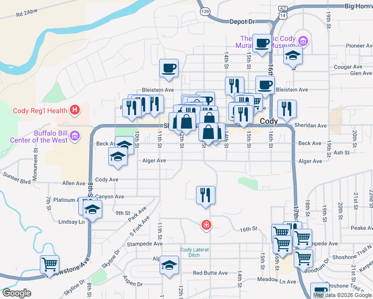 map of restaurants, bars, coffee shops, grocery stores, and more near 1202 Beck Avenue in Cody