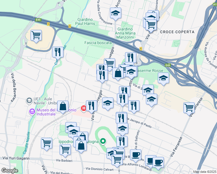 map of restaurants, bars, coffee shops, grocery stores, and more near 45 Via Francesca Edera de Giovanni in Bologna