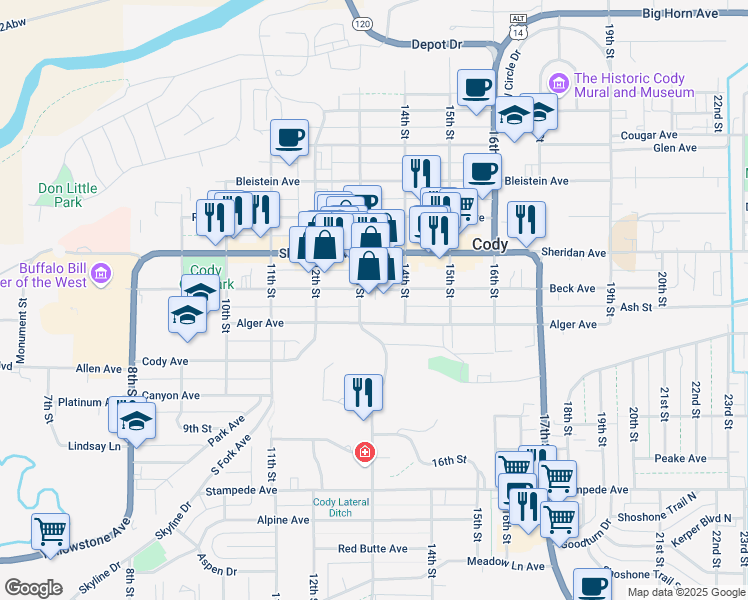 map of restaurants, bars, coffee shops, grocery stores, and more near 1220 13th Street in Cody