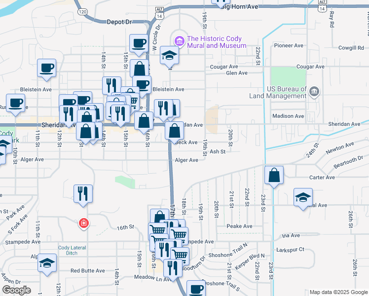 map of restaurants, bars, coffee shops, grocery stores, and more near 1732 1/2 Beck Avenue in Cody