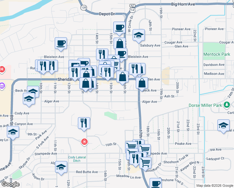 map of restaurants, bars, coffee shops, grocery stores, and more near 1520 Beck Ave in Cody