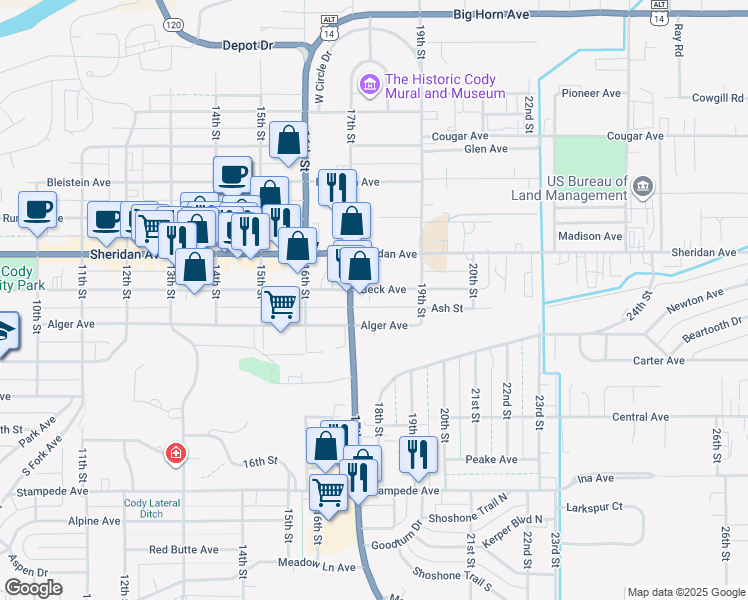 map of restaurants, bars, coffee shops, grocery stores, and more near 1732 1/2 Beck Avenue in Cody