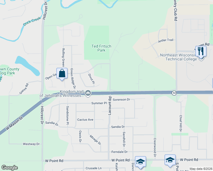 map of restaurants, bars, coffee shops, grocery stores, and more near 1024 Lacount Road in Green Bay