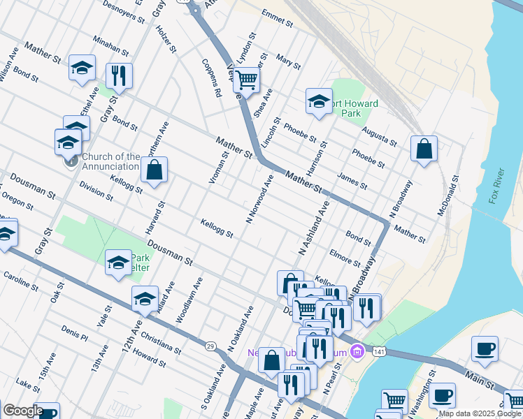 map of restaurants, bars, coffee shops, grocery stores, and more near 830 Elmore Street in Green Bay